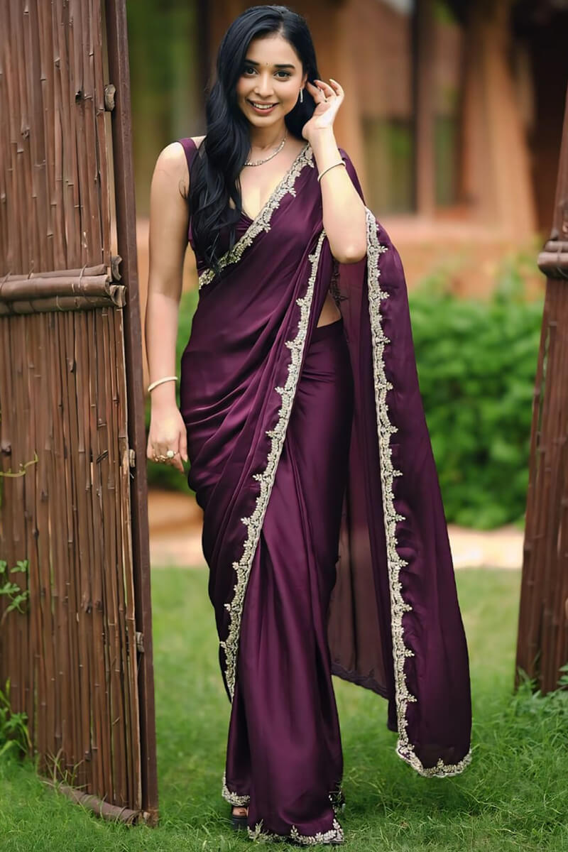 Wine Satin Silk Saree - draped look