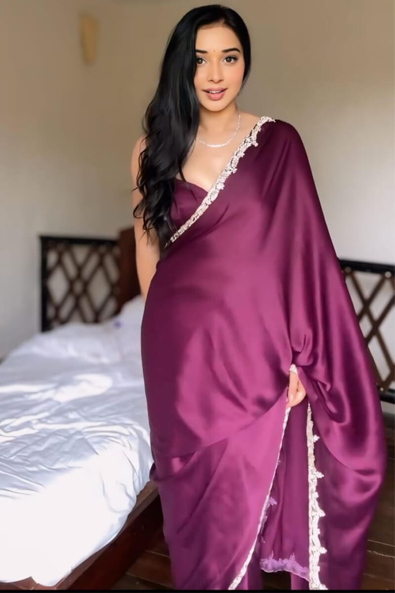 Wine Satin Silk Saree - full spread