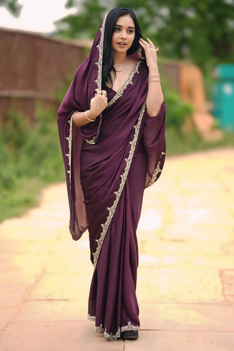 Wine Satin Silk Saree - border embroidery detail