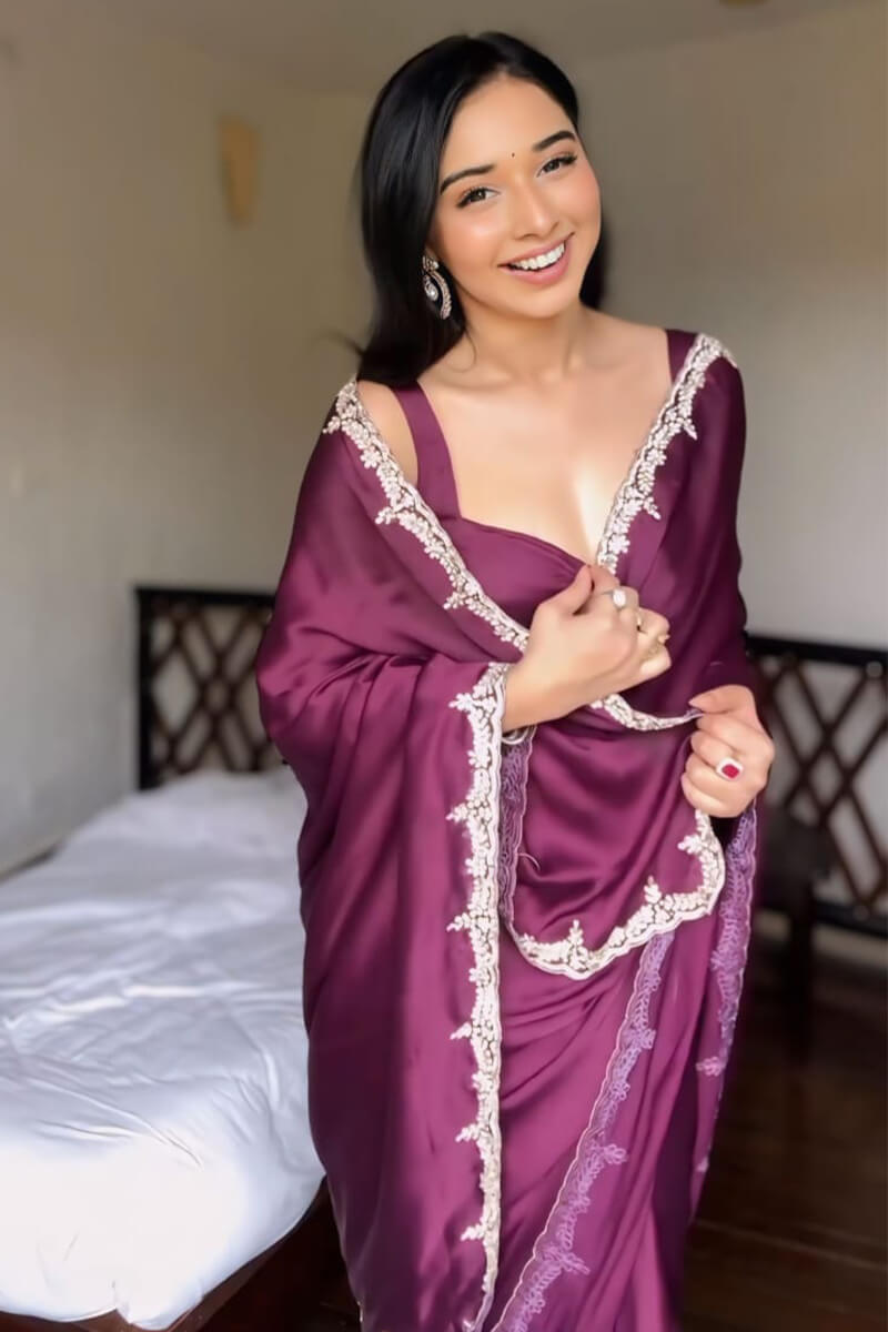 Wine Satin Silk Saree - fabric close-up