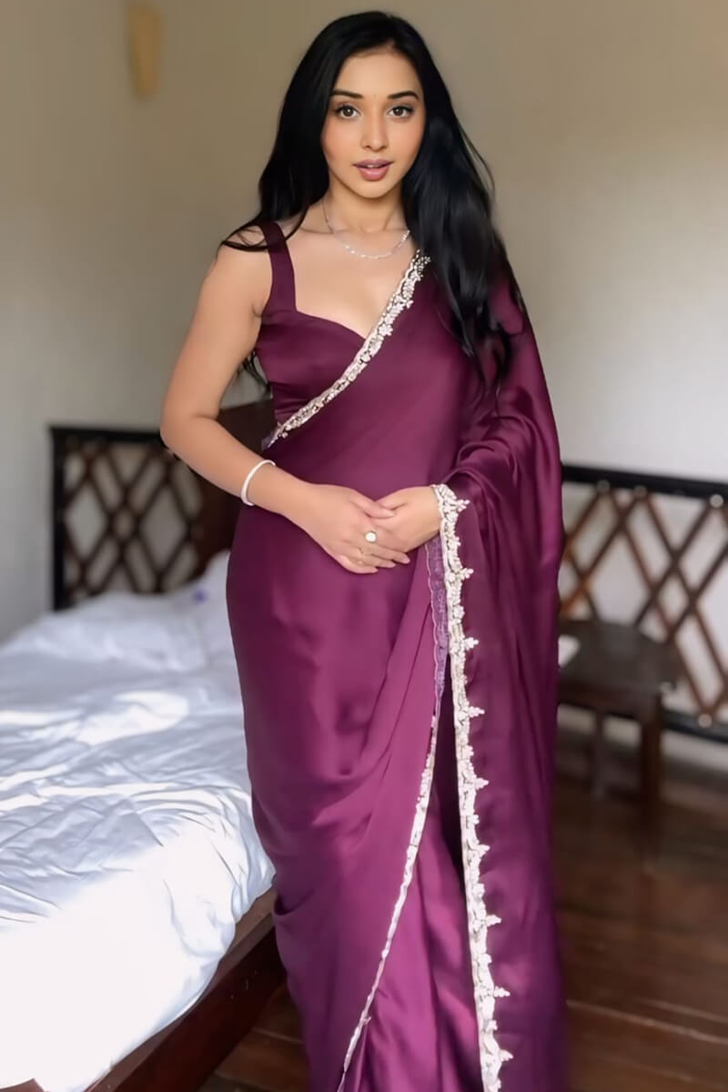 Wine Satin Silk Saree - blouse detail
