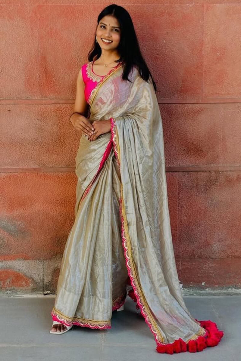Beige Tissue Silk Designer Saree - front view