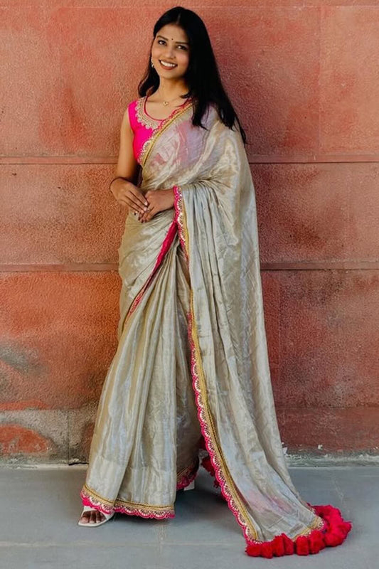 Beige Tissue Silk Designer Saree - front view