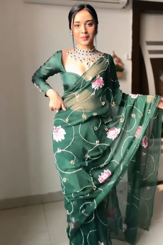 Dark green organza silk 1-minute saree pallu detail
