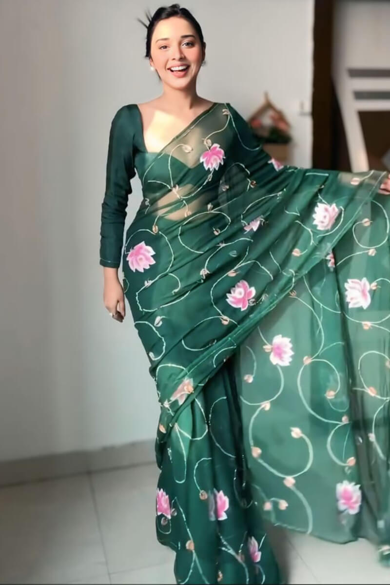 Dark green ready to wear saree with matching blouse