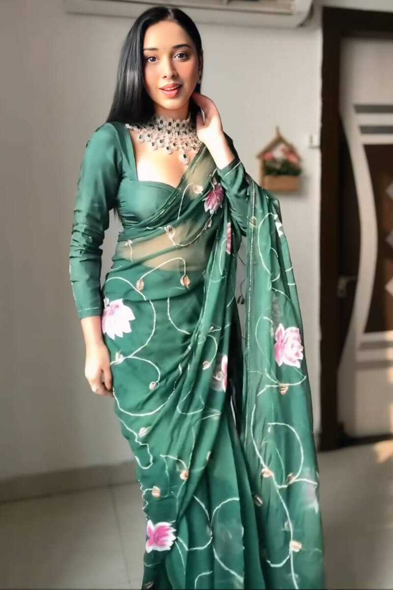 Dark green organza silk saree full look The Sareeza
