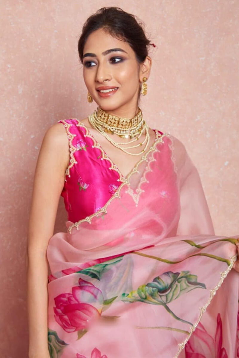 Baby Pink Organza Silk Saree - side view