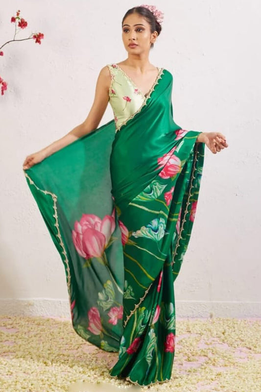 Dark Green Satin Silk Ready to Wear Saree - front view