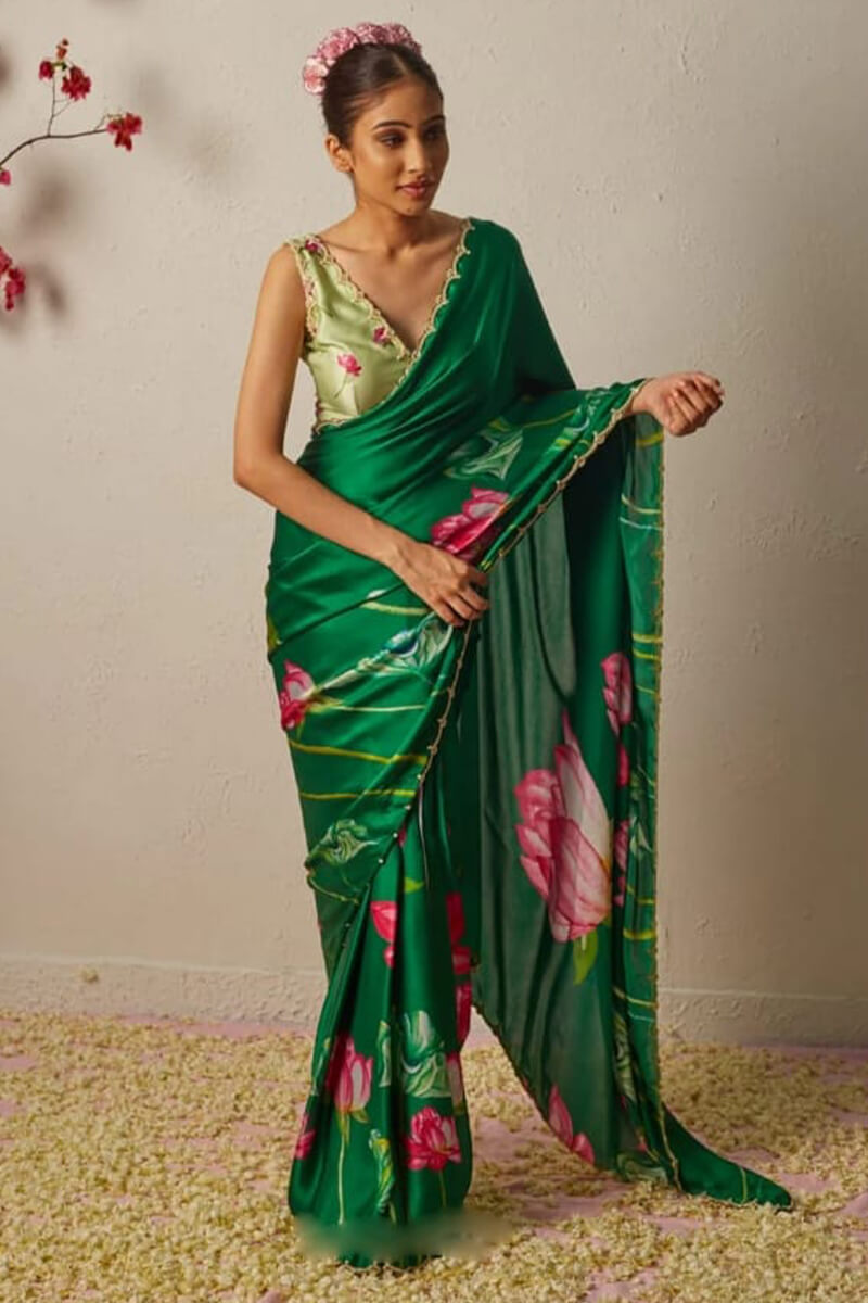 Dark Green Satin Silk Saree - border detail
