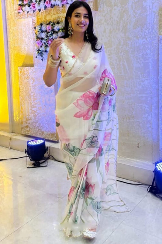 Off White Organza Silk Ready to Wear Saree with printed body and hand-work border - The Sareeza