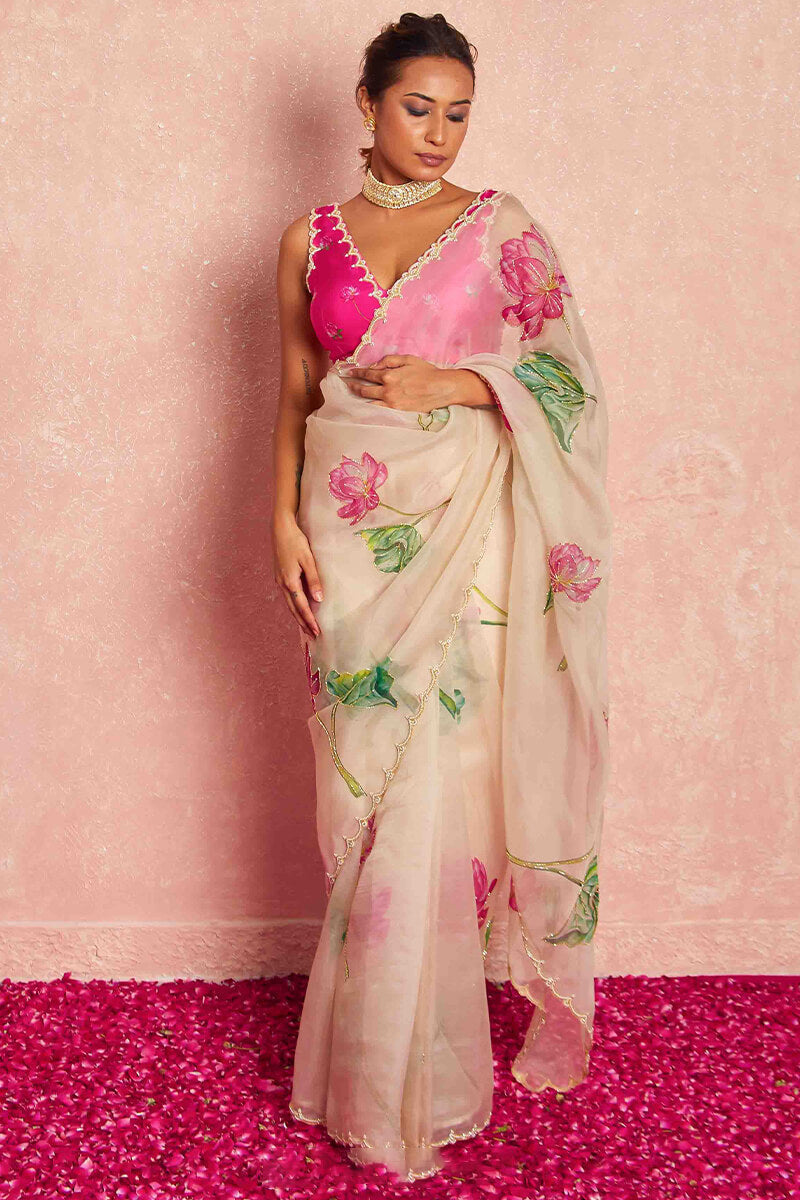 Beige Organza Silk Party Wear Saree with ready-made blouse