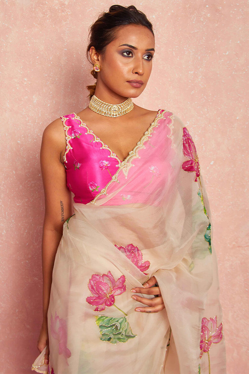 Beige Organza Silk Saree border and pallu detail