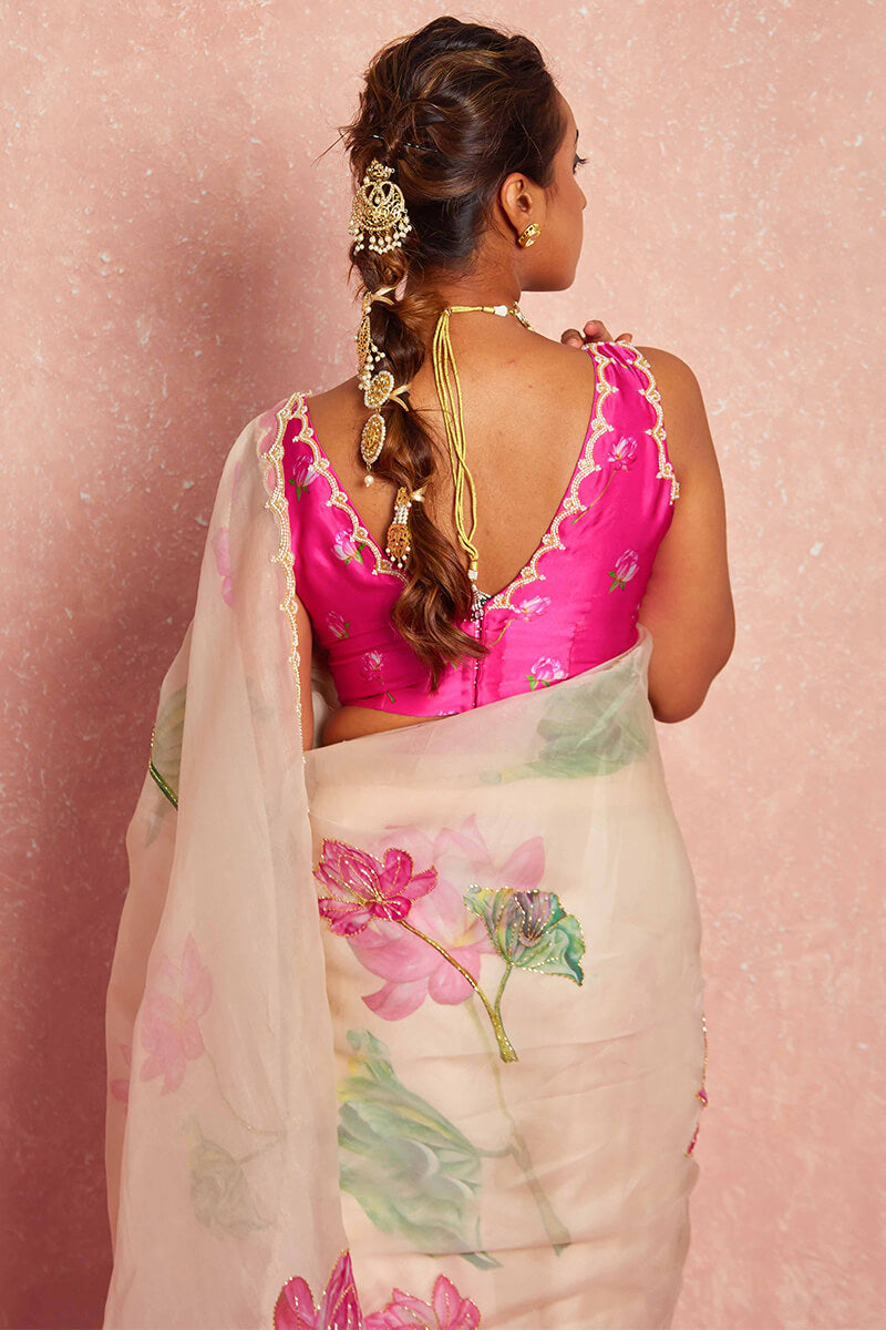 Beige Organza Silk Ready to Wear Saree back view