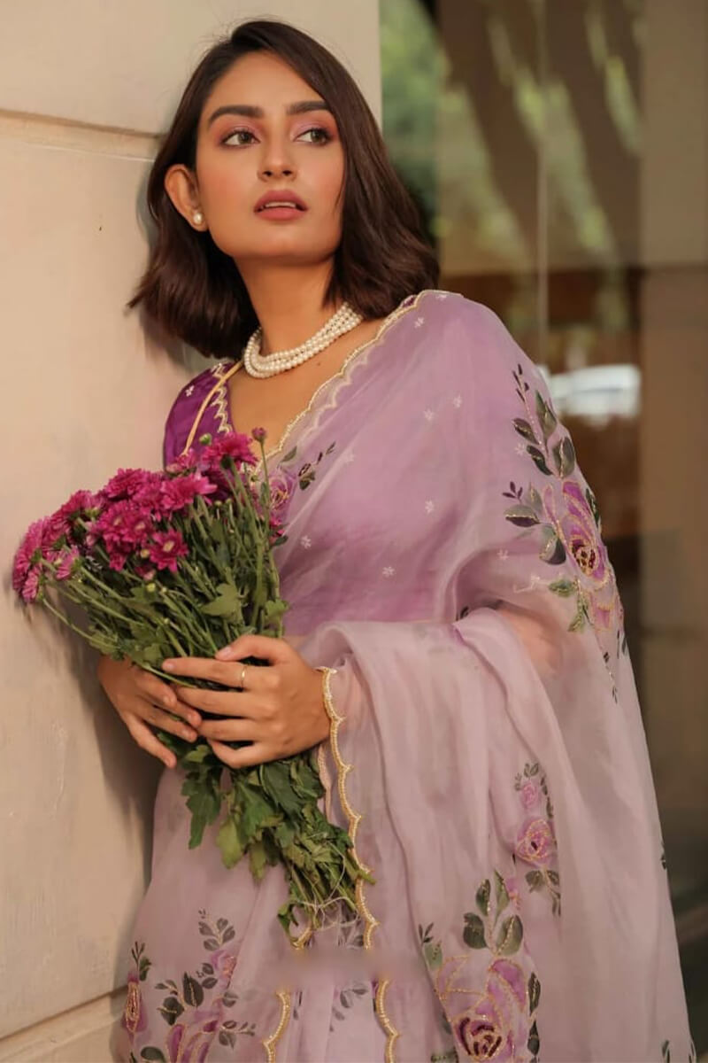 Lavender Organza Silk Saree hand-work border and pallu detail