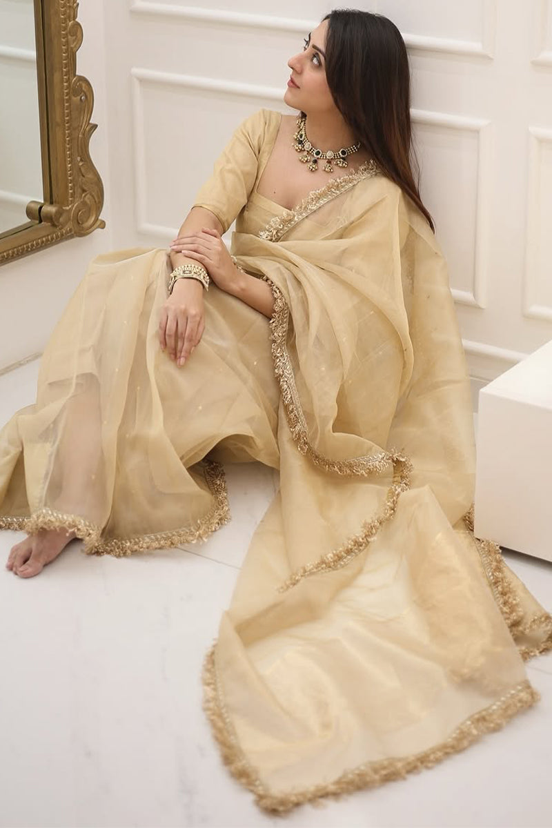 Beige Cotton Silk Saree – draped look