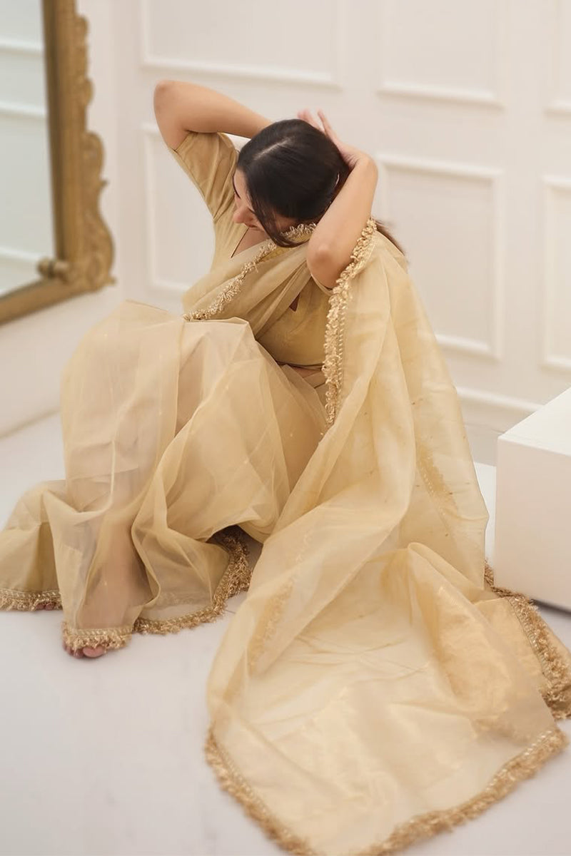 Beige Cotton Silk Saree – blouse piece with border lace