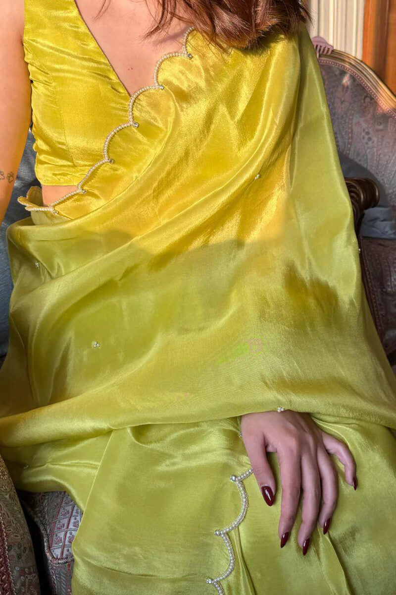 Parrot Green Chinon Silk Saree - side view