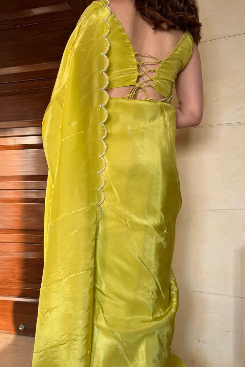 Parrot Green Chinon Silk Saree - hand work border detail