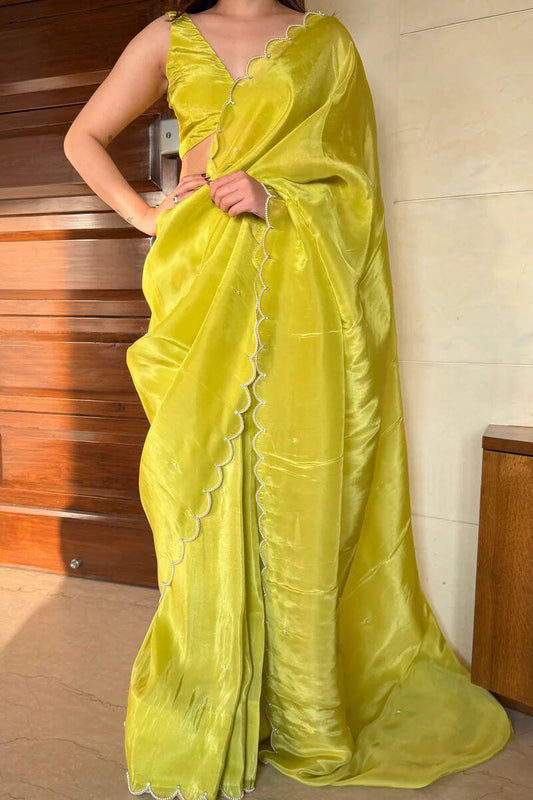 Parrot Green Chinon Silk Ready to Wear Saree - front view