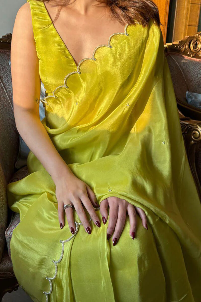 Parrot Green Chinon Silk Saree - blouse detail