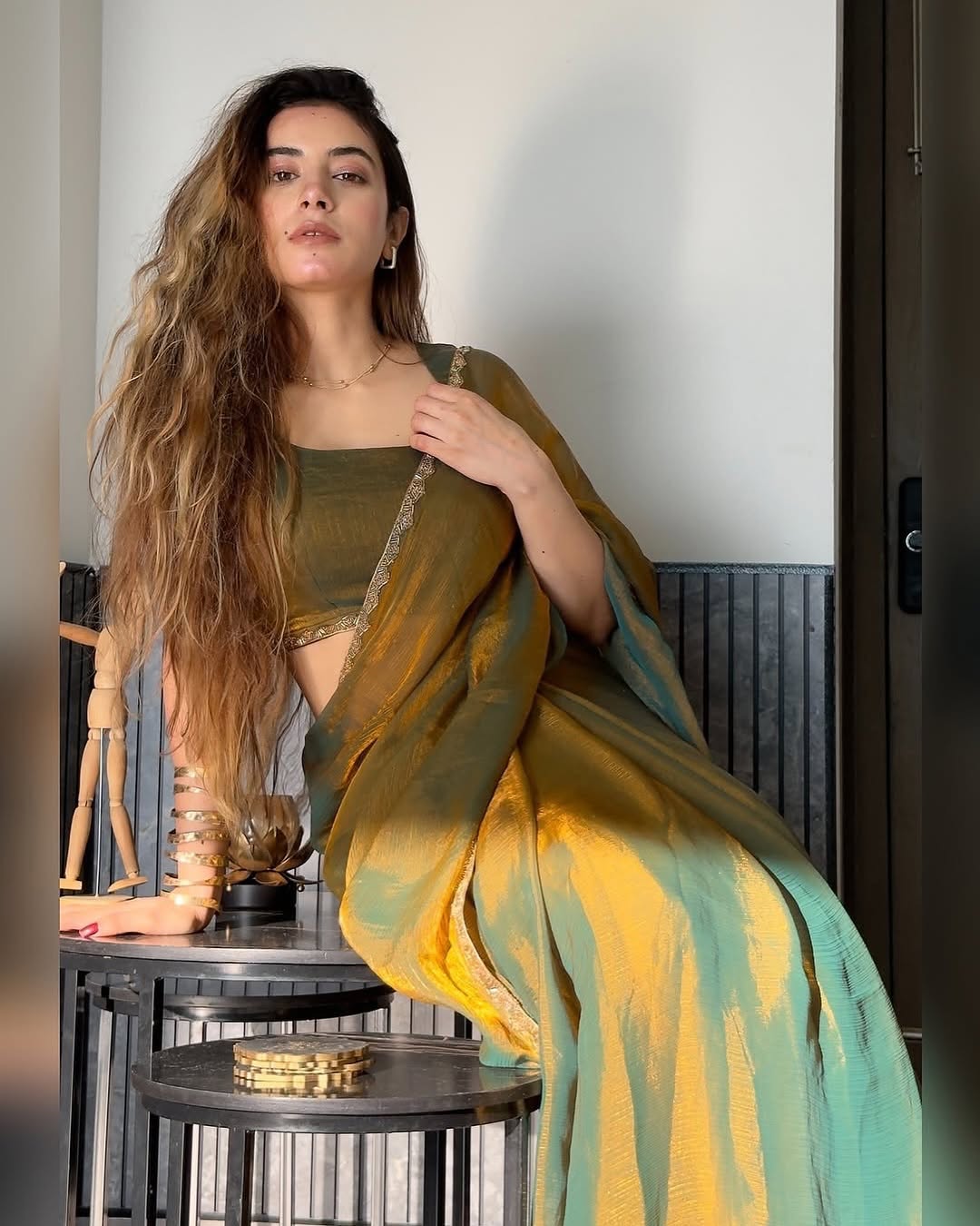 Green Fancy Silk Saree - draped look